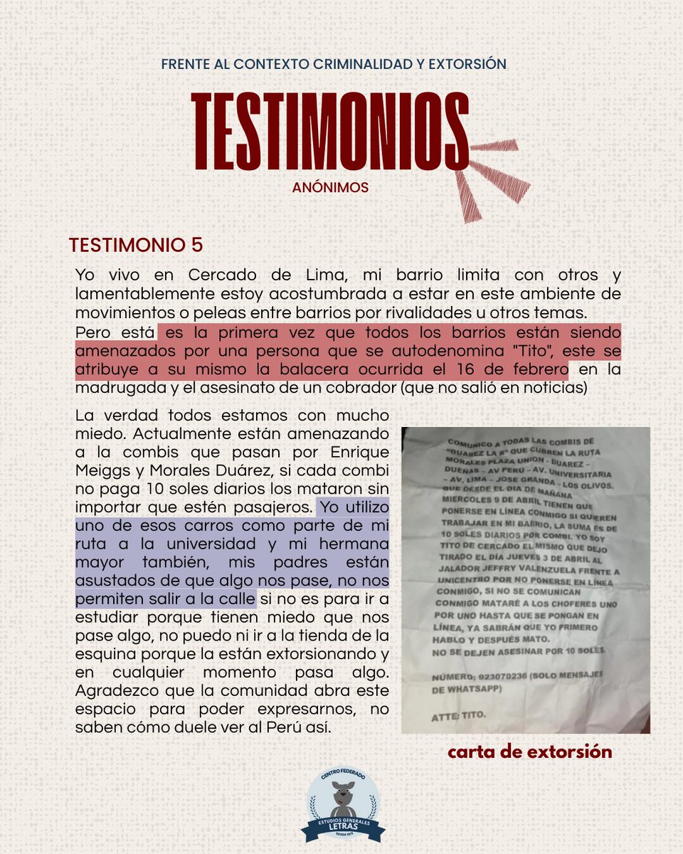 compartimos el testimonio de estudiantes de nuestra facultad ante la ola de criminalidad, extorsión e inseguridad a la que nos exponemos a diario. pedimos soluciones efectivas e inmediatas a nuestras autoridades