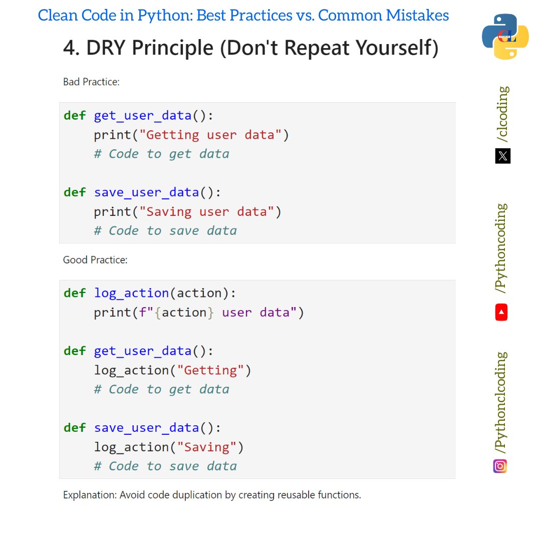 clcoding's tweet image. Clean Code in Python Best Practices vs. Common Mistakes