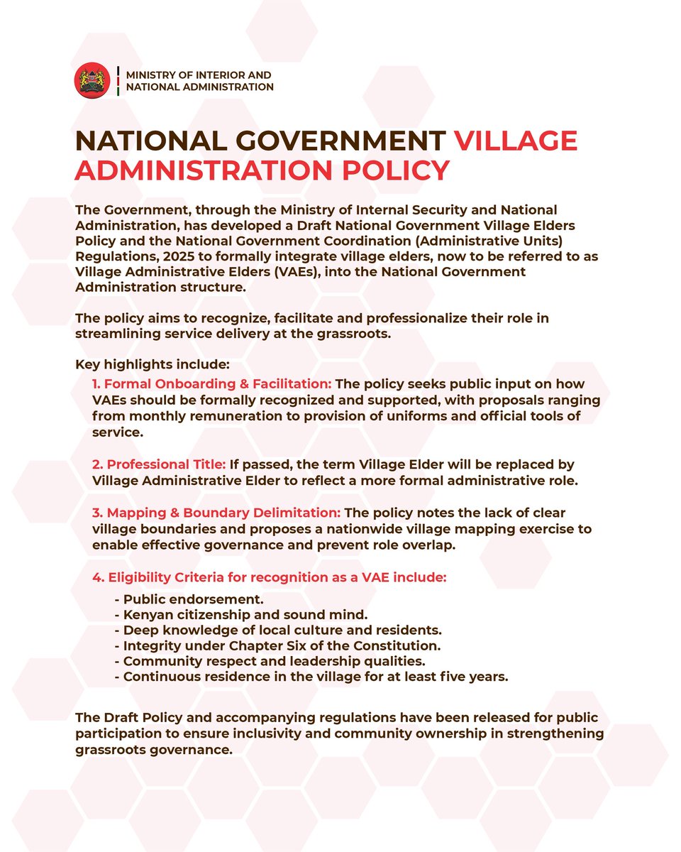 Dr. Raymond Omollo โ CBS (@ray_omollo) on Twitter photo The Government, through the Ministry of Internal Security and National Administration <a href="/InteriorKE/">Ministry of Interior | Kenya</a>, has developed a Draft National Government Village Elders Policy and the National Government Coordination (Administrative Units) Regulations, 2025 to formally integrate village The Government, through the Ministry of Internal Security and National Administration <a href="/InteriorKE/">Ministry of Interior | Kenya</a>, has developed a Draft National Government Village Elders Policy and the National Government Coordination (Administrative Units) Regulations, 2025 to formally integrate village