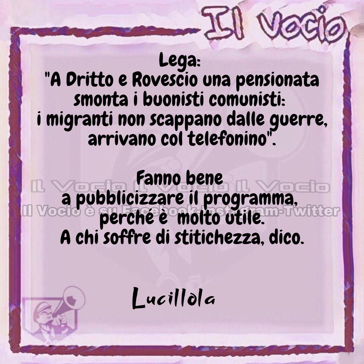 Lucillola <a href="/LucillaMasini/">Lucillola</a>
#17aprile #lucillola #ilvocio #drittoerovescio #Lega #pensionata #migranti #telefonino #comunisti #cagare