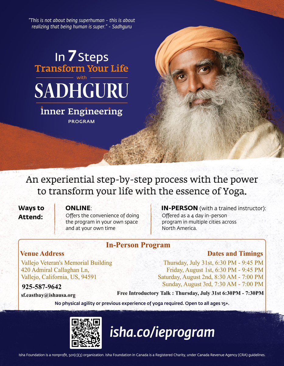 SujathaBhat's tweet photo. #ishafoundation is offering #InnerEngineering in Person program in #Vallejo on July 31st - Aug 3rd.  This program is conducted by an Isha Teacher trained by #Sadhguru The program details and registration at https://t.co/OhKyccPViA

#EastBay #Concord #Napa #WalnutCreek #Yoga https://t.co/w1cisgwqrk