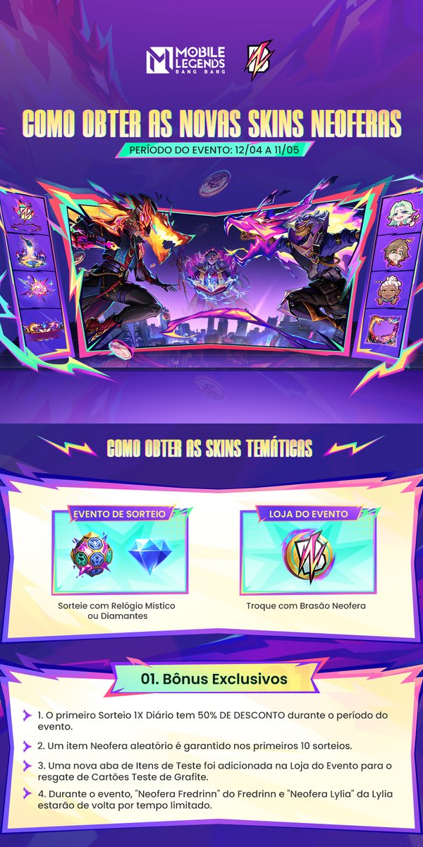 MLBBBR's tweet photo. As novas Skins da Série Neoferas - "Neofera Ling" do Ling, "Neofera Brody" do Brody e "Neofera Pharsa" da Pharsa estão disponíveis no evento Neoferas.
Toque na imagem para saber mais sobre o evento e as recompensas!
#MobileLegendsBangBang
#MLBBNEWSKIN
#MLBBNeobeasts https://t.co/MQTmHPMcmX