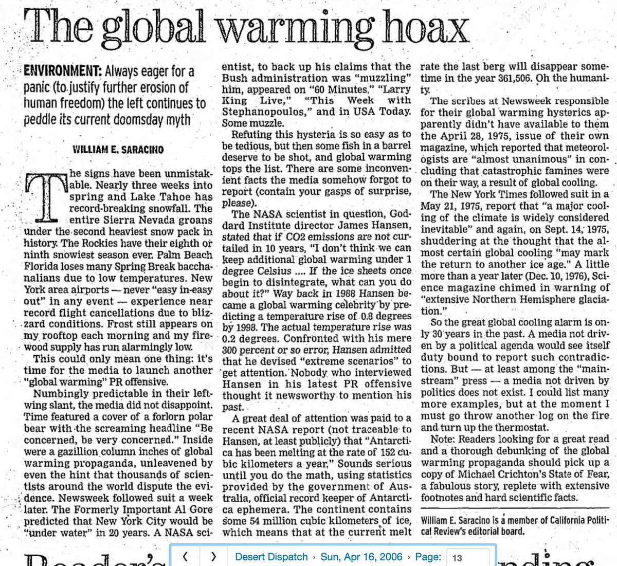 JunkScience's tweet photo. 19 years ago today: "The Global Warming Hoax: Always eager for a panic (to justify further erosion of human freedom) the left continues to peddle its current doomsday myth." 

It really is amazing how well these old global warming articles have help up. https://t.co/fBEy00g6xv