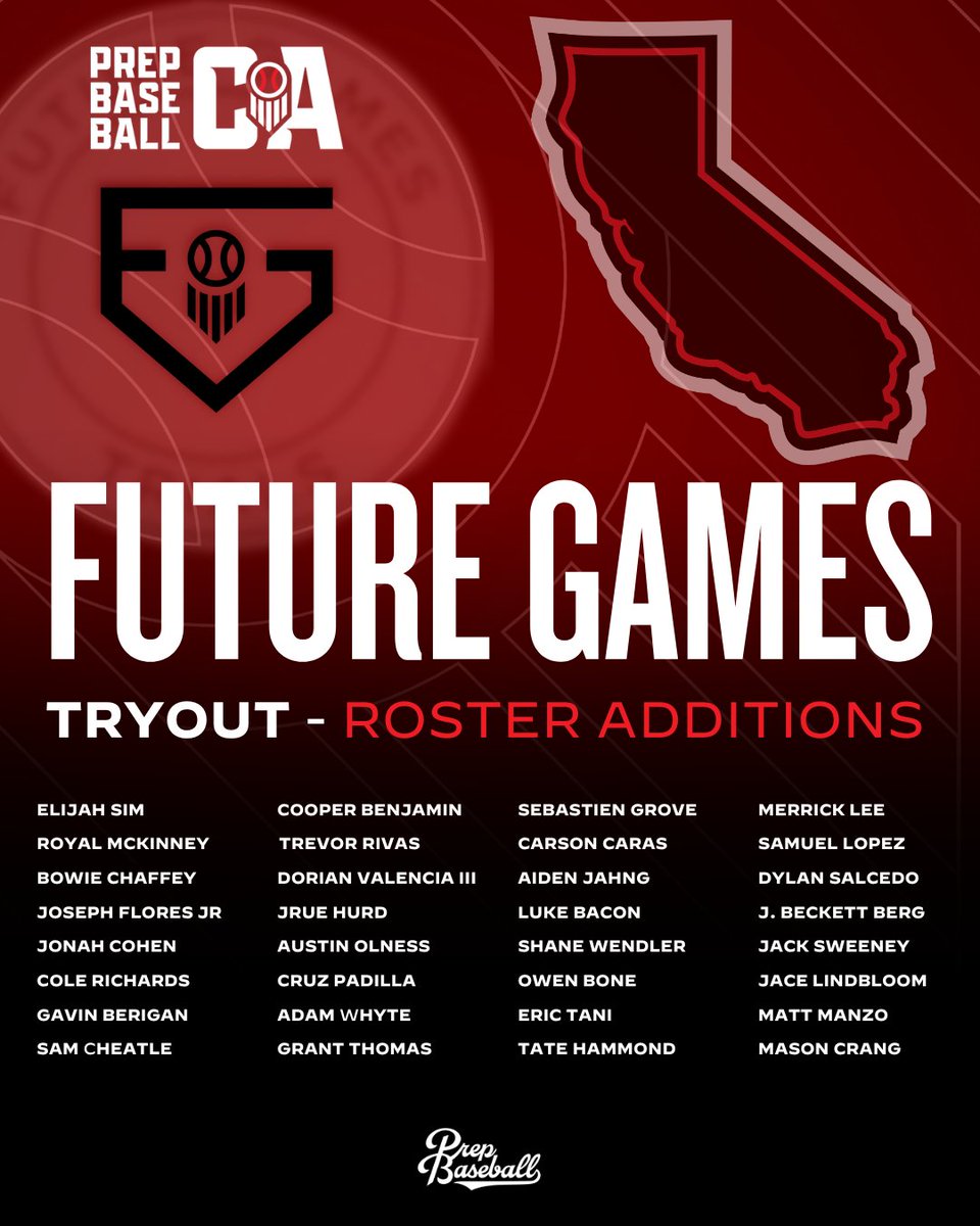 PrepBaseballCA's tweet photo. ⭐⚾ 𝔽𝕦𝕥𝕦𝕣𝕖 𝔾𝕒𝕞𝕖𝕤 𝕋𝕣𝕪𝕠𝕦𝕥: ℝ𝕠𝕤𝕥𝕖𝕣 𝔸𝕕𝕕𝕤 ⚾⭐
3️⃣2️⃣ are 🔏 in to compete for a spot @ the 2025 #PBFG & #PBSFG
📅 3 dates (5/31 - 6/1 - 6/7)
📍Multiple Locations 
3️⃣ Teams: FG = Team NorCal & Team SoCal + Senior Future Games Team
📡 Trackman / Blast / VALD / Vizual Edge metrics
📹 Social & Profile video
🗒️ Scout notes & Report
🔗 to Request your Invite or Register: https://t.co/tBABI0iXXg
#BeSeen #ShapeTheState