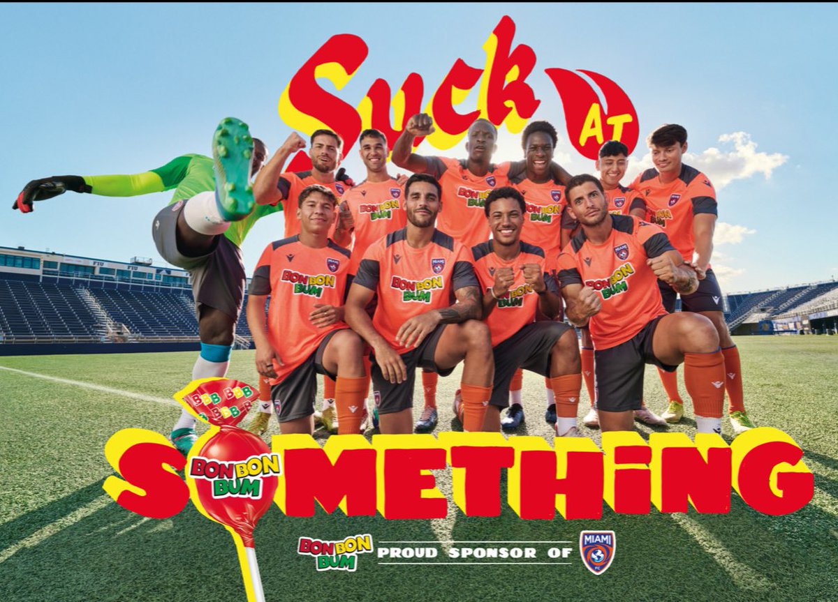 darrenrovell's tweet photo. Bon Bum, Latin America's version of a Blow Pop, is making its U.S. debut by sponsoring Miami FC, a United Soccer League Championship team that WON 3 GAMES in 34 games last season.

This is their campaign. https://t.co/ELj02EY0La