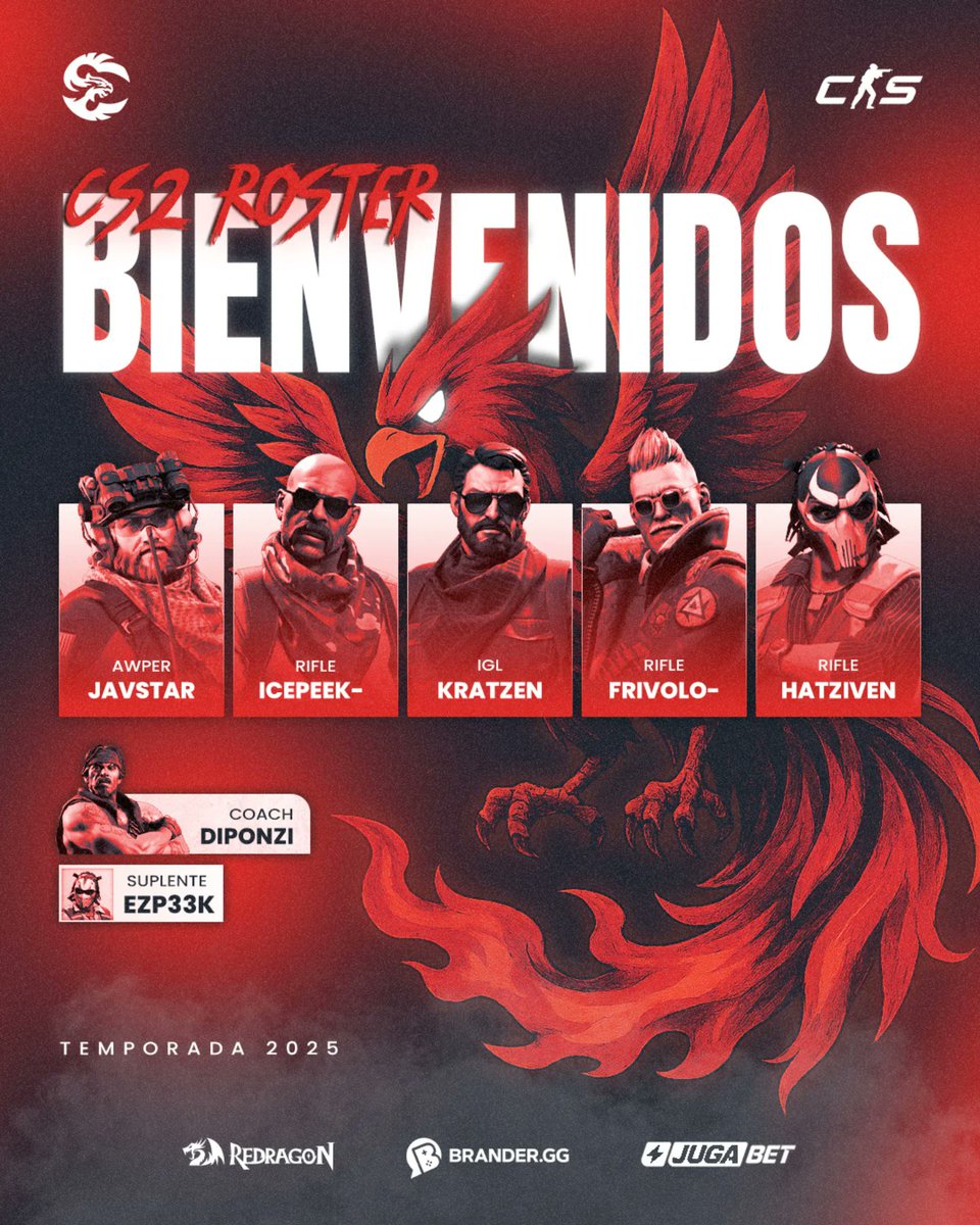 ¡🇨🇱<a href="/Eternals_Gaming/">Eternals Gaming - EsG</a> presento su roster de CS2!

🇨🇱<a href="/jAVSTARTV/">jAVSTAR</a> 
🇨🇱@icepeek_ 
🇨🇱<a href="/KratZenCSGO/">KratZen</a> 
🇨🇱Frivolo
🇨🇱<a href="/hatziven1/">hatziven</a> 

🇨🇱<a href="/DiponziCS/">Daniel Ponce</a> (Coach)
🇨🇱<a href="/ezP33K/">Joaquin Rojas</a> (Suplente)

Estan compitiendo en la ESEA Open Sudamerica S53 y muy probablemente los veamos para la IESF. Les deseo mucho exito.