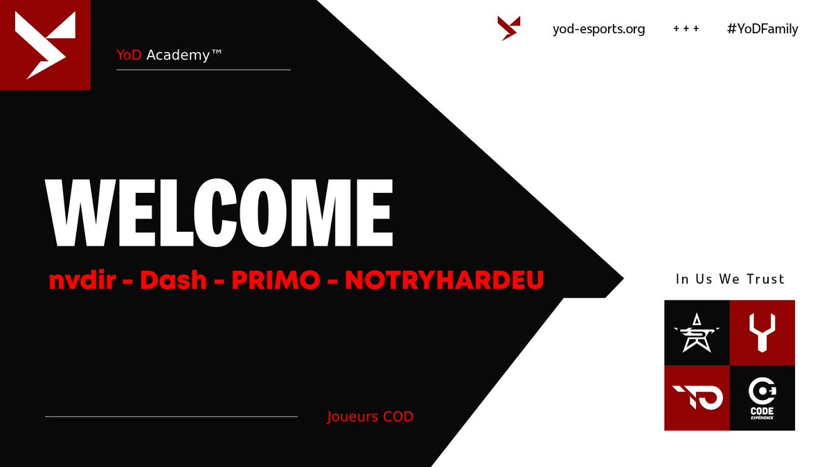 👥 Nous avons le plaisir d'accueillir et de souhaiter la bienvenue à notre nouveau roster académique #CallofDuty composé de <a href="/nvdiir/">nvdir 🇦🇱</a>, <a href="/PRIMO_WZ/">PRIMO_</a>, <a href="/Mr7point0/">Malo</a> &amp; <a href="/NOTRYHARD_EU/">ツNO TRYHARDツ</a> ! 🔥
🧠 Coach par <a href="/Tempo752644/">Tempo</a>. 

#YoDFamily ⚡