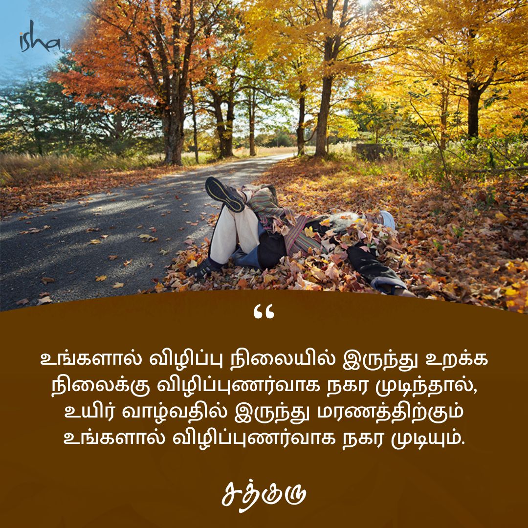 SadhguruTamil's tweet photo. உங்களால் விழிப்பு நிலையில் இருந்து உறக்க நிலைக்கு விழிப்புணர்வாக நகர முடிந்தால், உயிர் வாழ்வதில் இருந்து மரணத்திற்கும் உங்களால் விழிப்புணர்வாக நகர முடியும்.

#SadhguruQuotes #குருவாசகம் https://t.co/qXMtziqygv