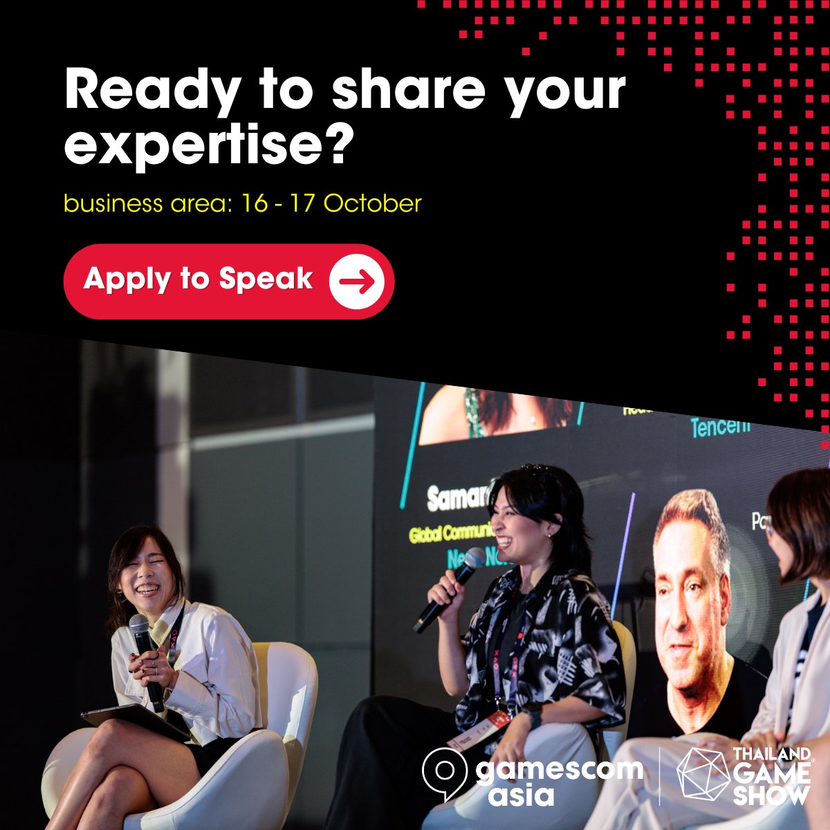 gamescomasia's tweet image. 🎤 Want to speak at gamescom asia x Thailand Game Show 2025? We’re looking for bold ideas, sharp insights & real-world strategies to share with global game pros.
🗓 16–17 Oct 2025
👉 Apply by 30 May: bit.ly/49Cbp1p
#gamescomasia #ThailandGameShow