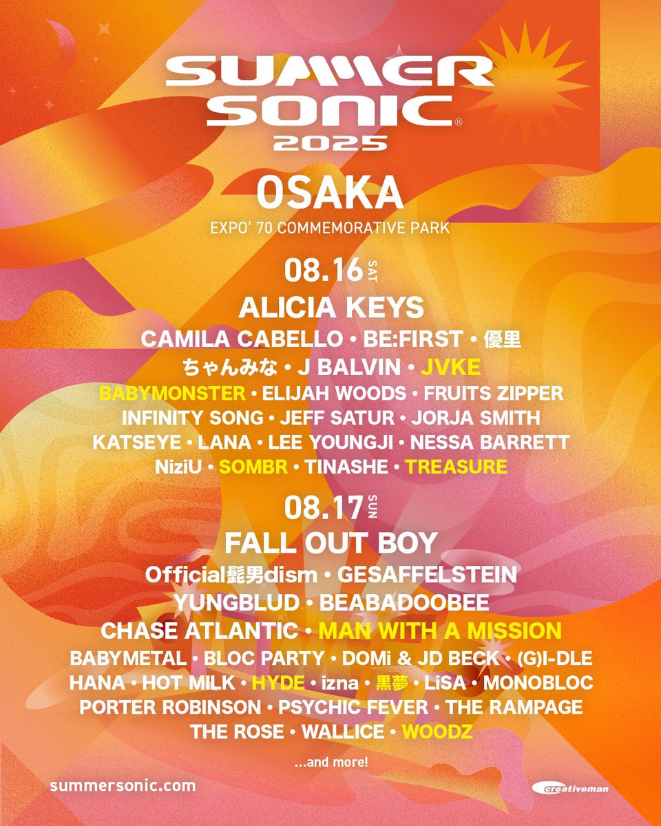 [STAFF]
「SUMMER SONIC 2025」にHYDE出演決定！

◆日時/会場
8/16(土) 東京・ZOZO マリンスタジアム＆幕張メッセ
8/17(日) 大阪・万博記念公園

詳しくは↓
summersonic.com

#HYDE
#サマソニ
#summersonic