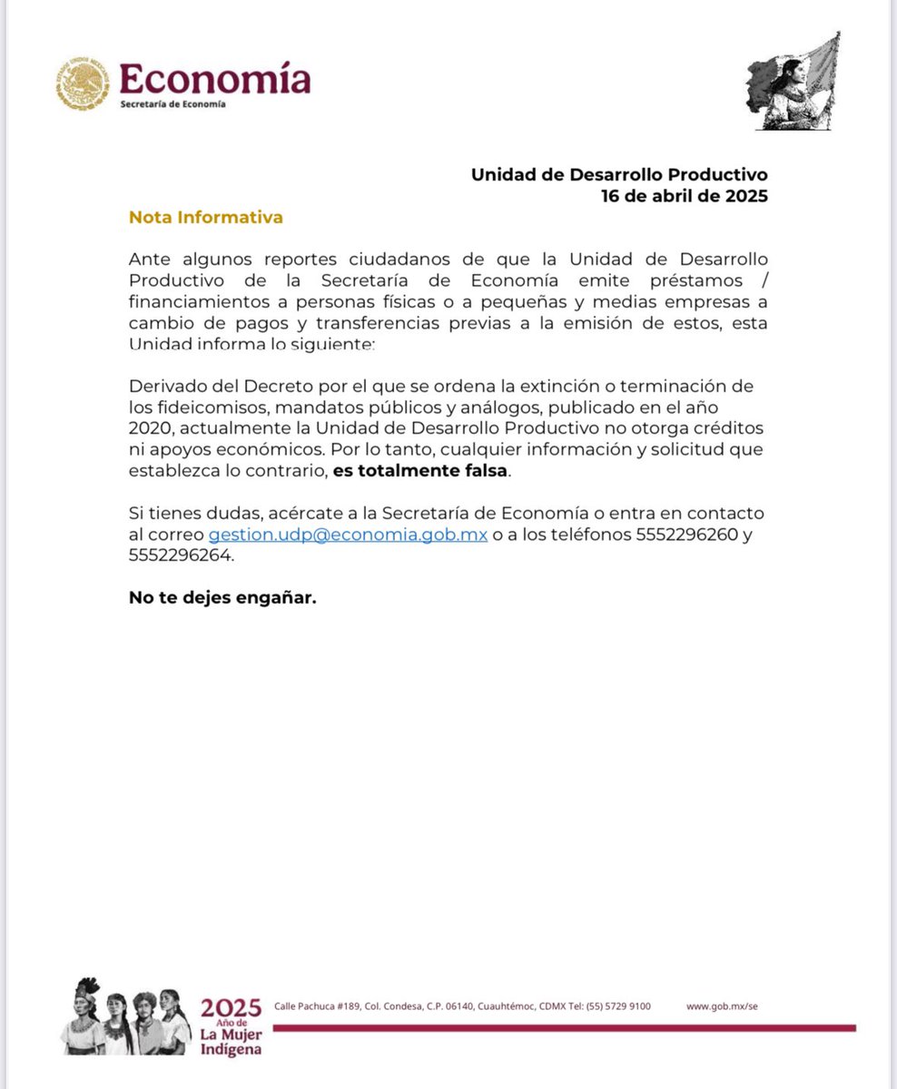 Ximena Escobedo (@escobedox) on Twitter photo 🚨Información importante:
Es totalmente falso que la Secretaría de Economía <a href="/SE_mx/">Economía México</a> , vía la Unidad de Desarrollo Productivo, emita financiamiento a cambio de pagos previos. La UDP no otorga créditos ni apoyos económicos desde 2020.
No te dejes engañar y denuncia 👇🏾 🚨Información importante:
Es totalmente falso que la Secretaría de Economía <a href="/SE_mx/">Economía México</a> , vía la Unidad de Desarrollo Productivo, emita financiamiento a cambio de pagos previos. La UDP no otorga créditos ni apoyos económicos desde 2020.
No te dejes engañar y denuncia 👇🏾