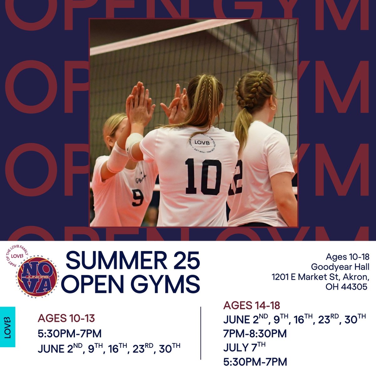 Discover what the NOVA Family is all about before trying out at our Summer open gyms. Open to ages 10-18! No need to register, just $5 at the door. Don’t forget, you need to be finished with your current club season if you play in the Ohio Valley Region in order to attend.