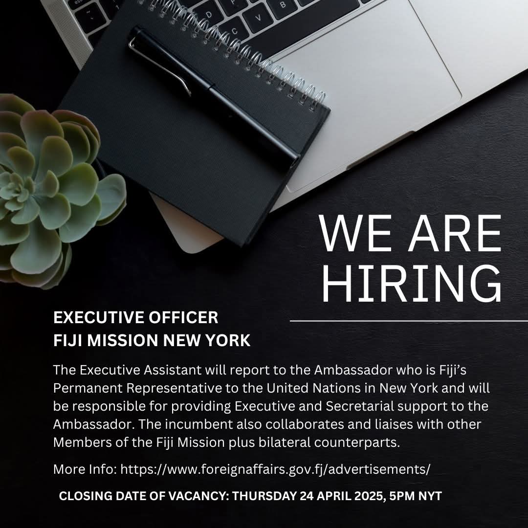 Fiji Ministry of Foreign Affairs (@fiji_mofa) on Twitter photo The <a href="/FijiMissionUN/">Fiji at the UN🇫🇯</a> 🇫🇯 in New York 🇺🇸, United States of America invites suitably qualified and eligible applicants for the above full-time position.
✅️ Please refer to the link below for more information: ⤵️
foreignaffairs.gov.fj/advertisements/ The <a href="/FijiMissionUN/">Fiji at the UN🇫🇯</a> 🇫🇯 in New York 🇺🇸, United States of America invites suitably qualified and eligible applicants for the above full-time position.
✅️ Please refer to the link below for more information: ⤵️
foreignaffairs.gov.fj/advertisements/