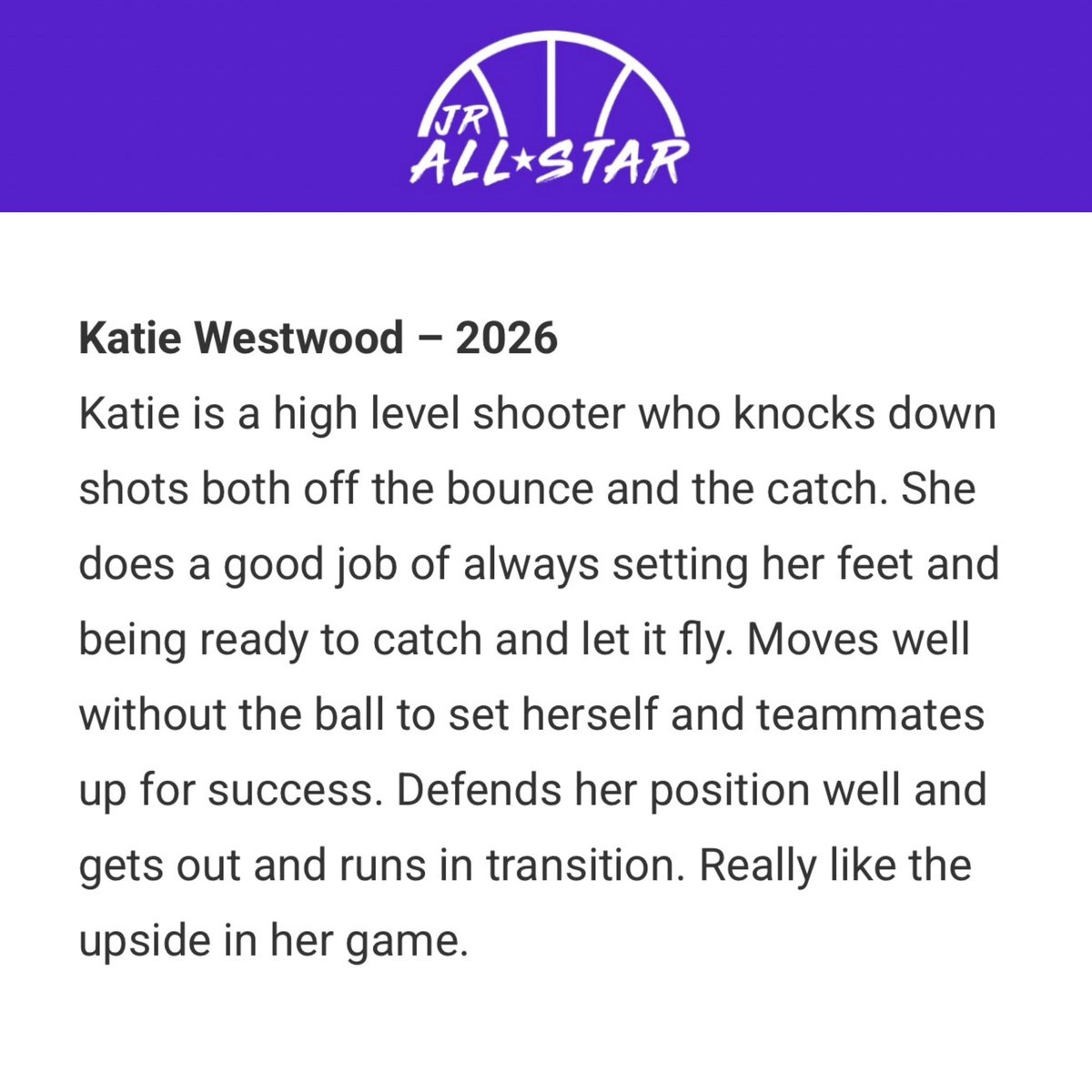 katiewestwood26's tweet photo. Thanks @JrAllStarBB for the write up! @itscoachv_ @teamtexasbball https://t.co/hNZuuE8Ezs