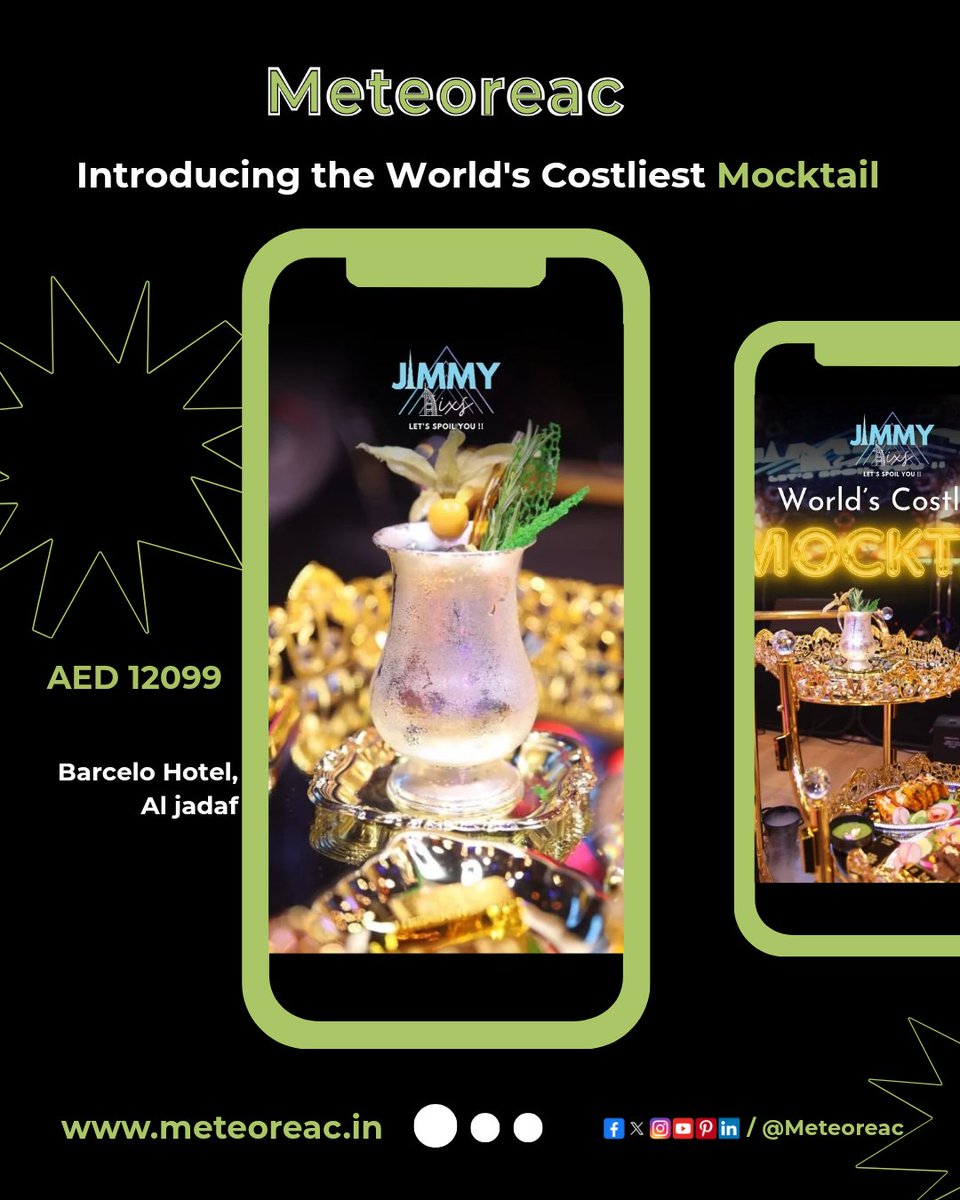 meteoreac's tweet photo. Dubai unveils the world's costliest mocktail at AED 12,099, featuring 24K gold and a silver glass at Jimmydixs! 🍹💰🤩
#DubaiRich #LuxuryUAE #CostlySip #GoldDrink #Meteoreac #ExperienceAllTaste https://t.co/f5aTxQlB3O