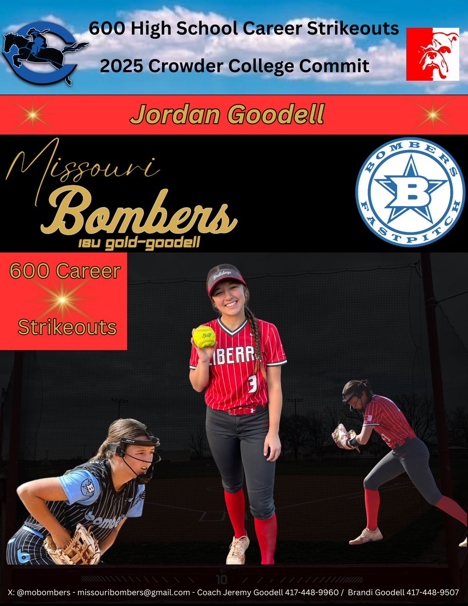 Missouri Bombers 18u Gold-Goodell (@mobombers) on Twitter photo Congrats Liberal HS Senior and <a href="/CCRoughridersSB/">Crowder College Softball</a> Commit <a href="/JordanGoodell3/">Jordan Goodell</a> on HS Career Strikeout #600 while throwing a no-hitter and hitting a home-run! Cannot wait to see what you bring this summer! Congrats Liberal HS Senior and <a href="/CCRoughridersSB/">Crowder College Softball</a> Commit <a href="/JordanGoodell3/">Jordan Goodell</a> on HS Career Strikeout #600 while throwing a no-hitter and hitting a home-run! Cannot wait to see what you bring this summer!