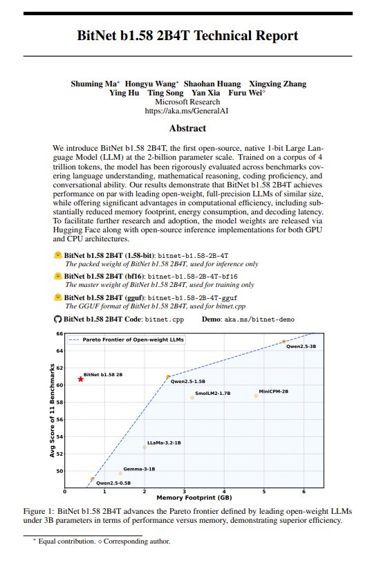realHongyu_Wang's tweet image. Technical report for BitNet b1.58 2B4T is now public!🔥

We envision a future where everyone can deploy a DeepSeek-level model at home — cheap, fast, and powerful. Join us on the journey to democratize 1-bit AI💪💪

We share how to train a powerful native 1-bit LLM from scratch👇🏻