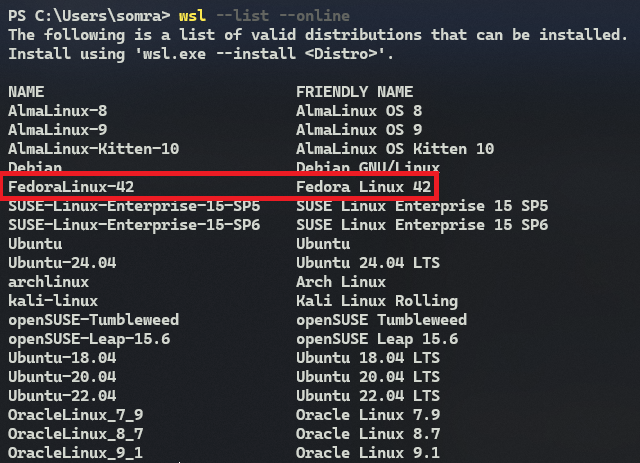 Jarmosan's tweet photo. With the launch of Fedora 42 came a little surprise which I was least expecting. It is now an officially available distro for WSL 2 on Windows! See the docs - https://t.co/MubExRqgN7 https://t.co/J5xw7iTIvH