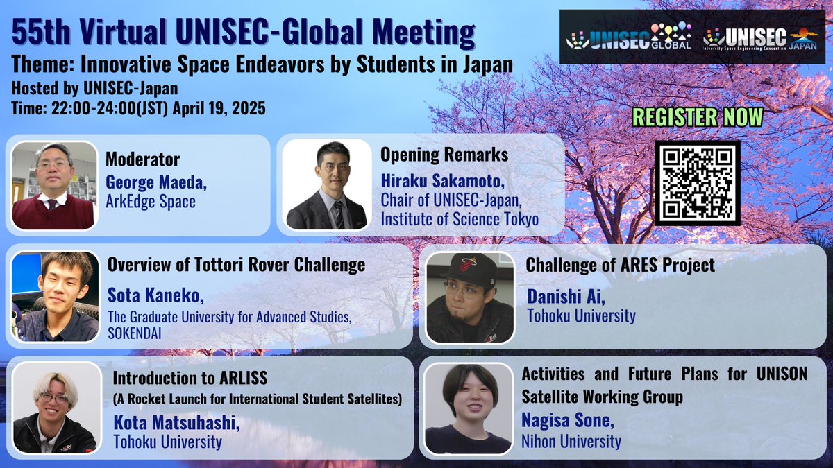 🚀We are excited to invite you to join us for the upcoming the 55th Virtual UNISEC-Global Meeting! 

📅Date: April 19, 2025
⏲️Time: 22:00 - 24:00 (JST) 

Theme: Innovative Space Endeavors by Students in Japan
Host: UNISEC-Japan

Register here:
unisec-global.org/virtual-meetin…