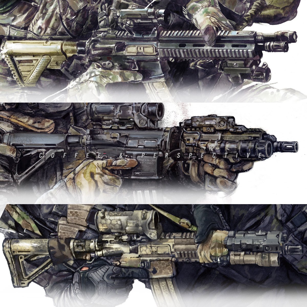 160425 - Some 416s for 4/16. 🇳🇱 Korps Commandotroepen and 🇸🇬 Special  Operations Task Force rocking the rifle... I enjoyed painting that one with  the spray work. 🎨 #coffeeandperspective #notinktober #inks #watercolor  #tactical #art #416 #hk416 ..., image size:1200x1200
