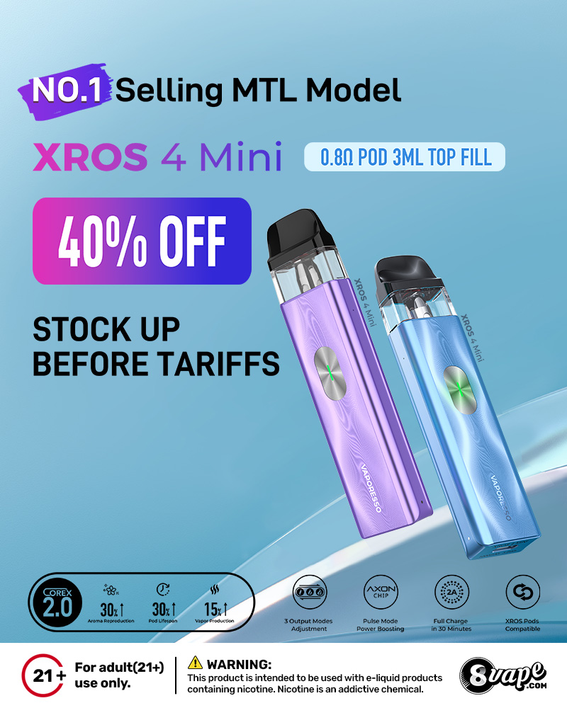 EightVape's tweet photo. 🚨 FLASH SALE ALERT! The NO.1 MTL pod—XROS 4 Mini is 40% OFF!
🔥 Stock up on the sleek 0.8D pod (3ML top fill) before tariffs hit—deal ends 4/30!
🛒 Auto-discount at checkout
👉 https://t.co/SpCiY35yI6
#XROS4Mini #VapeDeals #vaporesso https://t.co/csapNeMiht