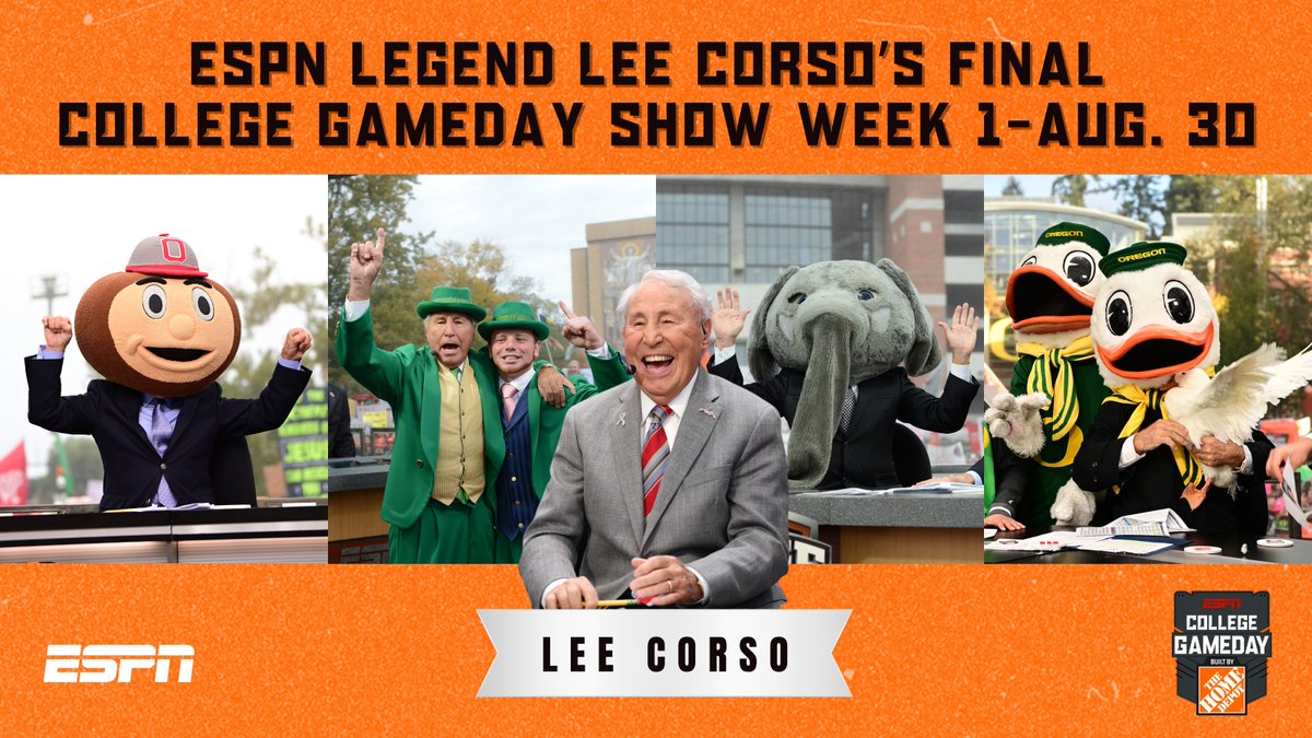 ESPN PR (@espnpr) on Twitter photo After entertaining fans for 38 college football seasons, ESPN broadcaster Lee Corso will put on one more mascot headgear
The legendary analyst's final <a href="/CollegeGameDay/">College GameDay</a> show will be Week 1 of the 2025 CFB season on Saturday, Aug. 30
Complete details: bit.ly/43RxyIh After entertaining fans for 38 college football seasons, ESPN broadcaster Lee Corso will put on one more mascot headgear
The legendary analyst's final <a href="/CollegeGameDay/">College GameDay</a> show will be Week 1 of the 2025 CFB season on Saturday, Aug. 30
Complete details: bit.ly/43RxyIh