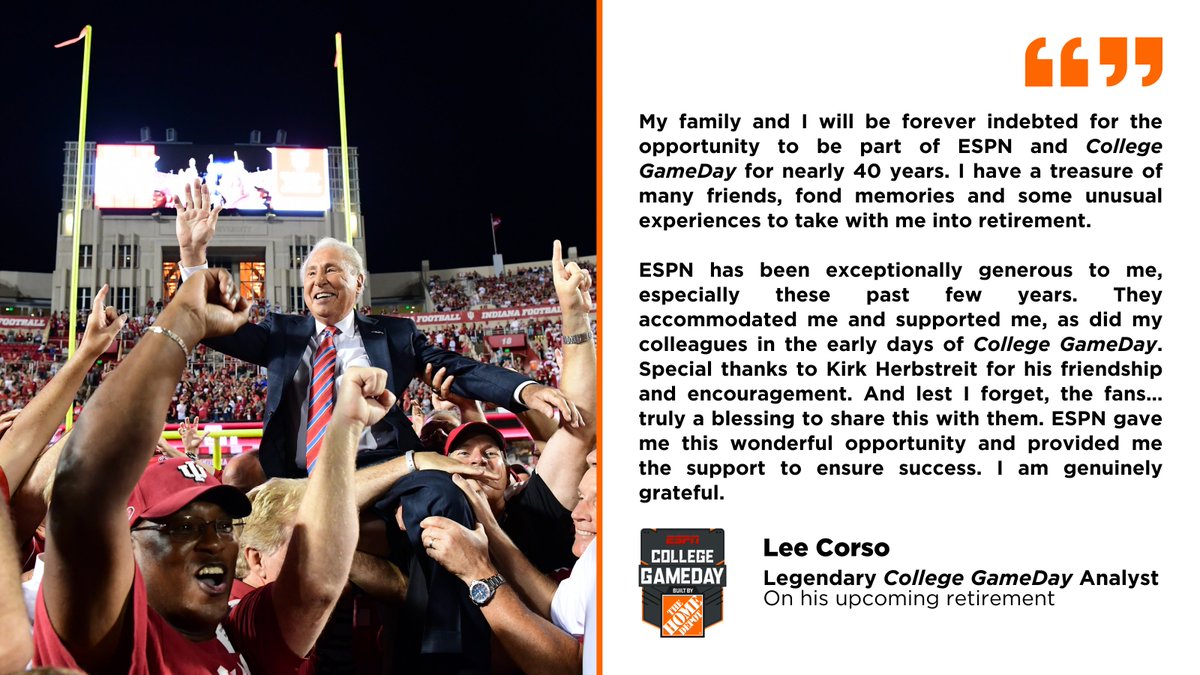 ESPNPR's tweet photo. Legendary @CollegeGameDay analyst Lee Corso on his upcoming retirement after nearly 40 years at ESPN

More: https://t.co/RpjhSPhmQJ https://t.co/5ImHPeLIo8