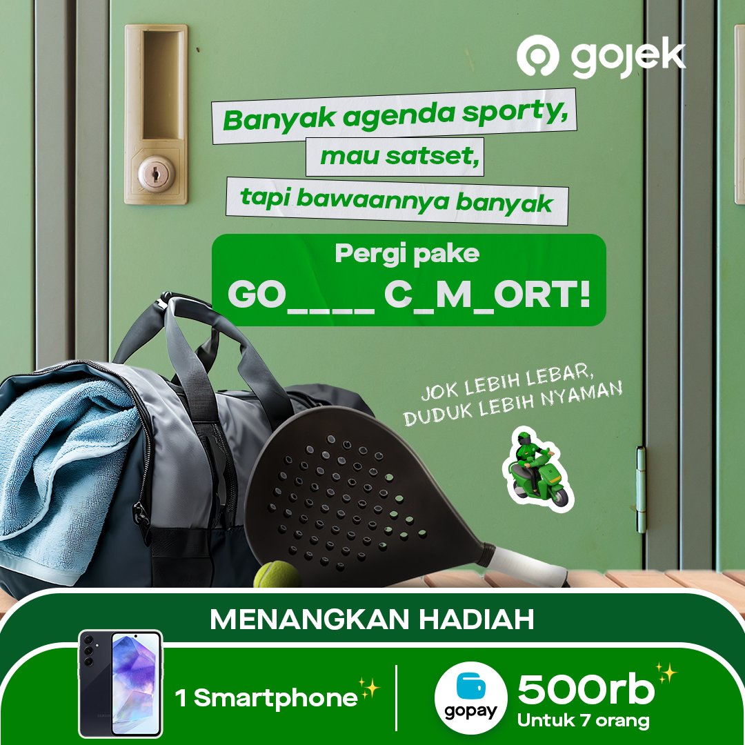 gojekindonesia's tweet photo. [#GIVEAWAYGOJEK]

PANGGILAN BUAT SI PALING SPORTY! Coba cari tau jawabannya yak biar klean gak bingung mau berangkat pake apa lagi~

Cara jawabnya gini nih:
1. Tulis jawabanmu dengan format “Pake [JAWABANMU] jok lebih lebar, duduk lebih nyaman!”, sertai #PakeGojekPalingHemat, dan mention 2 teman kamu
2. Pastikan akun kamu tidak di-private dan follow @gojekindonesia
3. Periode kuis 17 - 24 April 2025