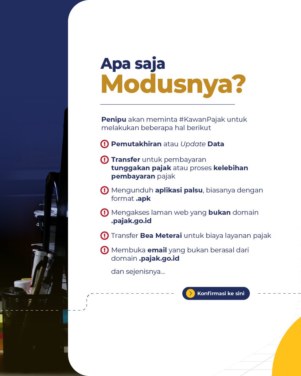 DitjenPajakRI's tweet photo. Waspada Penipuan Bermodus Coretax!

#KawanPajak, akhir-akhir ini marak penipuan yang mengatasnamakan implementasi sistem Coretax DJP. Modusnya beragam — mulai dari phishing, sniffing, hingga social engineering — dengan tujuan utama mencuri data pribadi atau menjerat korban secara finansial.

Waspada selalu dengan upaya penipuan, pastikan #KawanPajak hanya berinteraksi melalui saluran resmi DJP.