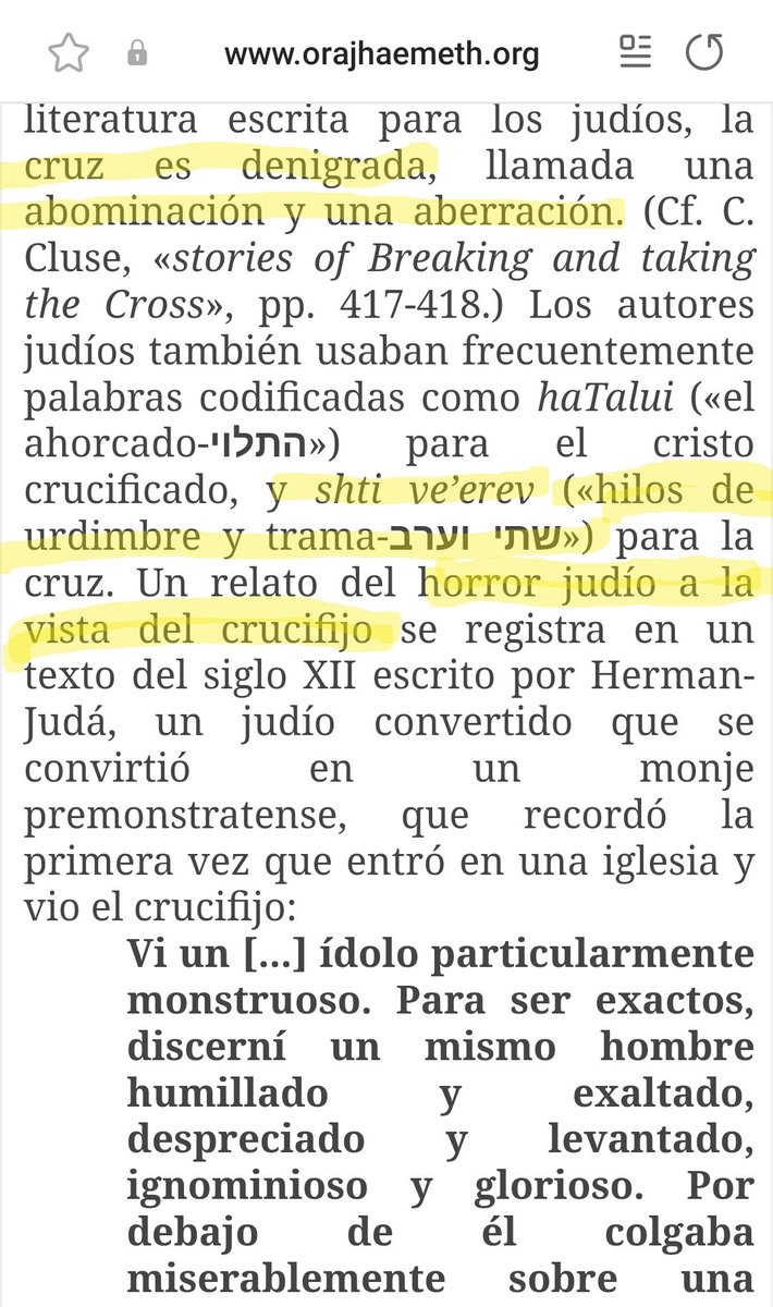 Guillo_SPQR's tweet photo. 💦💛🇮🇱 💣 𝗟𝗔 𝗠𝗘𝗔𝗗𝗔 𝗥𝗜𝗧𝗨𝗔𝗟 𝗗𝗘𝗟 𝗥𝗔𝗕𝗜𝗡𝗢: 𝗹𝗼𝘀 𝗻𝗼𝗺𝗯𝗿𝗲𝘀 𝗳𝗮𝗿𝗶𝘀𝗲𝗼𝘀 𝗰𝗼𝗻𝘁𝗿𝗮 ♱ 𝗹𝗮 𝗰𝗿𝘂𝘇
🤫 A pesar de los disimulos prescritos en #Talmud o #Midrash, para camuflarse, es proverbial el 😨 «horror judío a la vista del crucifijo», comúnmente admitido por TODOS los rabinos del mundo.
🗽🇪🇺 De modo tolerante, democrático y MUY europeo, el 𝘛𝘢𝘭𝘮𝘶𝘥 utiliza al menos 8 nombres distintos para referirse a ♱ la Santa Cruz amando los Derechos Humanos:
ⓘ Hoy nos referimos a uno de ellos, para ponerlo en relación con el episodio (famoso entre esa 🇮🇱parte del pueblo de #Israel descendientes de Abraham que no recibió a Cristo como los que se llaman ahora 🇵🇸 «palestinos», sino que prefirió crucificarlo), del rabino 💦💛 meando una cruz.
⛧ El término en cuestión es 𝘴𝘩𝘦𝘵𝘪 𝘸*𝘦𝘳𝘦𝘷 (שתי וערב), que es el mismo usado para distintos menesteres dentro de la propia 🐍 "religión" rabínica...
✅️ Por ejemplo en la dieta kosher:
🥖 Ciertos panecillos prescriben que deben amasarse realizando el 𝘴𝘩𝘦𝘵𝘪 𝘸*𝘦𝘳𝘦𝘷 (שתי וערב).
🩸 Y, cuando van a comer hígado, deben desangrarlo también usando 𝘴𝘩𝘦𝘵𝘪 𝘸*𝘦𝘳𝘦𝘷 (שתי וערב).
🚜 O incluso en agricultura, las tierras robadas en 🇵🇸 #Palestina deben ararlas usando 𝘴𝘩𝘦𝘵𝘪 𝘸*𝘦𝘳𝘦𝘷 (שתי וערב).
🌈⃤ Y, sin embargo, un episodio que les encanta y 🤪 les vuelve locos es el de un rabino profanando una cruz, sucedido en la actual #Francia durante el Medievo:
🧻 Lo narra un libro llamado 𝘠𝘰𝘴𝘦𝘱𝘩 𝘩𝘢𝘔𝘦𝘬𝘢𝘯𝘦, obra de un 👹psicópata rabino de la época, dedicado a manipular los resultados de las controversias teológicas de su época entre ♱ cristianos y 🇮🇱 įudíos, que se puso a MEAR ritualmente un ♱ crucifijo, ante la tibia reacción del obispo gabacho que le acompañaba.