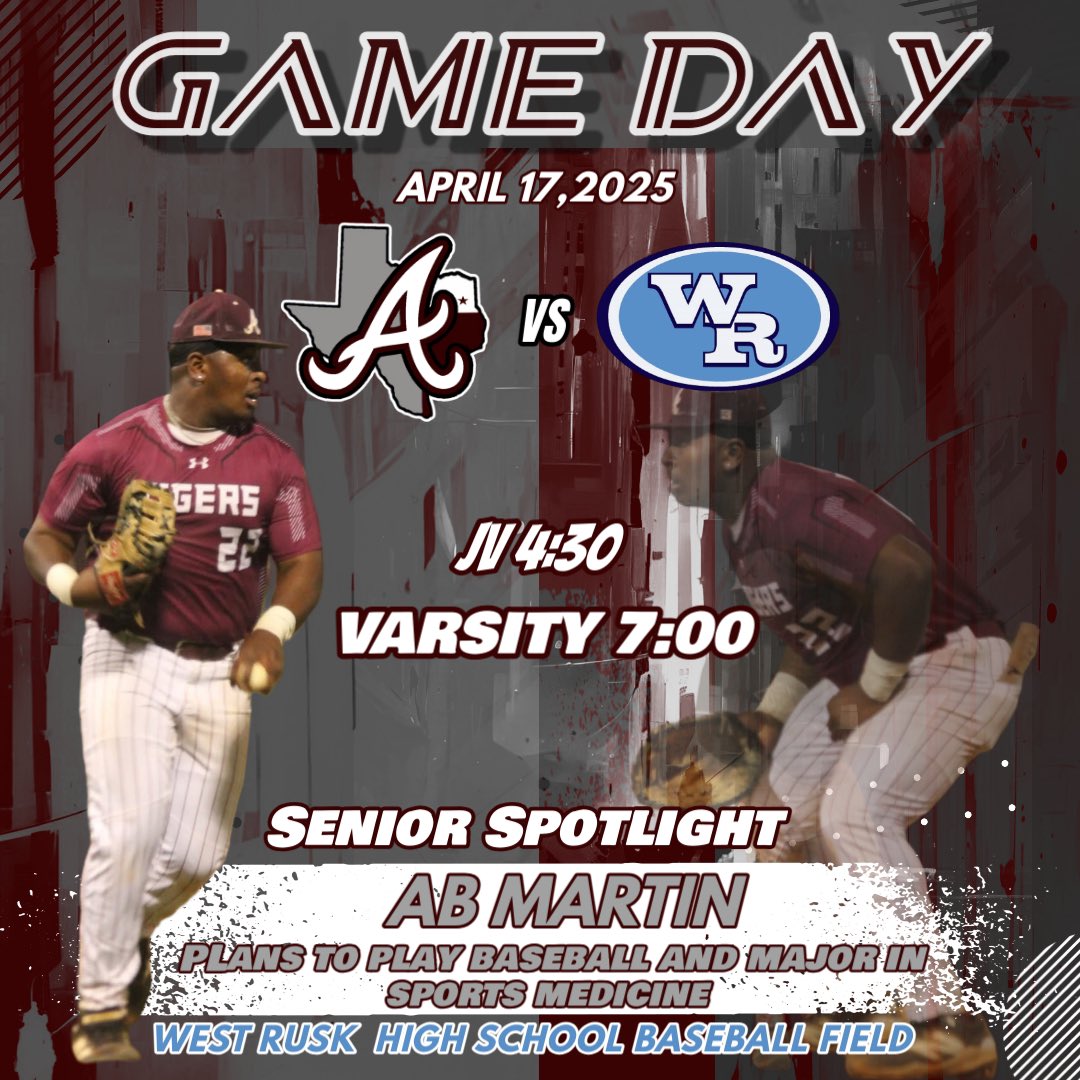 Thursday 4.17.2025 YOUR Arp Tigers travel to West Rusk to wrap up the series. We aim to secure another win before honoring our Seniors next week on Senior night. Our Senior Spotlight is AB Martin! #ALL1N #iBELIEVE