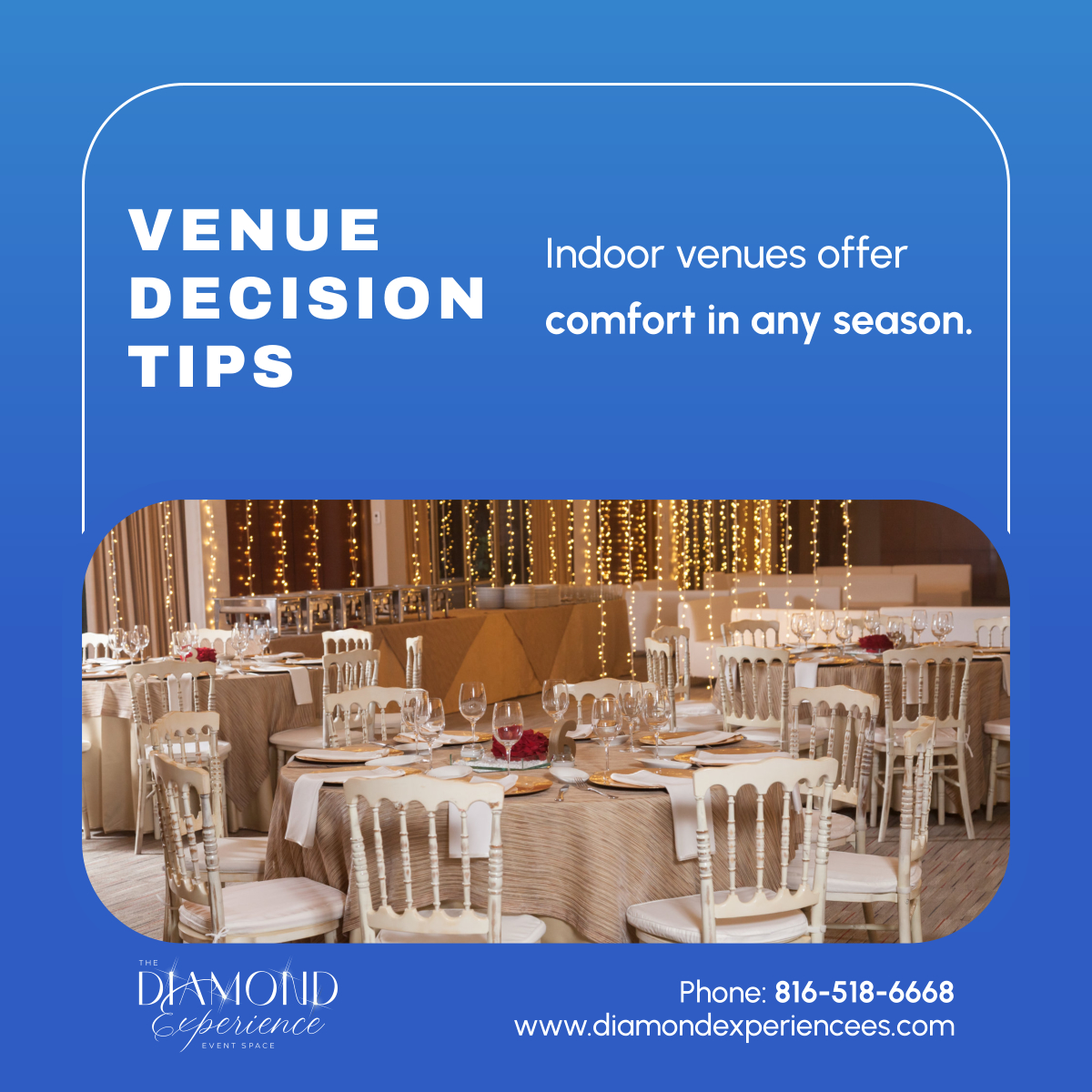 thediamondEES's tweet photo. Indoor or outdoor? 🌟 Both have their charm! Whether you love elegant indoor settings or open-air celebrations, the right venue sets the perfect mood.

📞 816-518-6668
✉️ thediamondexperience.es@gmail.com
🌐 https://t.co/BDYA3GNp5H

#KansasCityMO #EventsAndDecor #PerfectVenue https://t.co/4B4VytoxHd