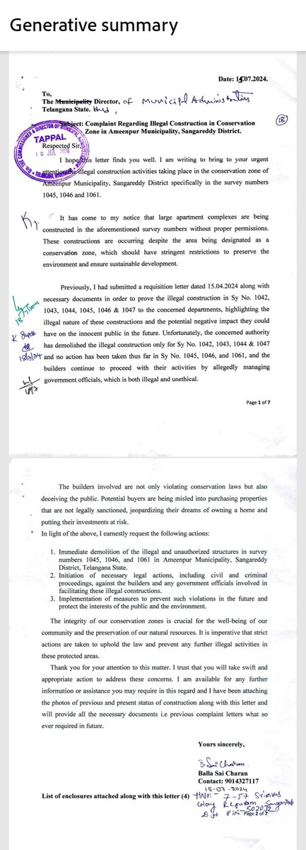 RaviVattem's tweet photo. @AmeenpurM How did you grant permission for the building that was already completed before obtaining required approvals from the competent authorities?

As per the approval document issued by the Municipality the permit was given for the construction of 1 stilt + 5 floors building proposed to be constructed on the Survey No. 1045/2/3 on an extent 853 square yards / 723.84 square meters with the Building height 14.95 square meters that was granted on March 27, 2025. So where are the mandatory NOCs and @rera_ts Approval?

The Layout permit Number mentioned as 3028 of 2023, and the layout date mentioned as 03.05.2003? How it is possible?

The total extent of land in said survey No. 1045 is  2.38 Acres is in prohibited list under 22-A, then on what basis this approval was granted?

The building construction work was supposed to be commenced within 18 months from the date of approval, but before obtaining the approval the building construction was already completed and the builder trying to sell the flats to customers through unregistered agreements? What is the Municipal authorities doing? Were you ever visited or inspected the site before granting permission?

Is the commencement and complition notices served by the builder? 

Is the Gift deed executed  for road and common areas in favor of the Municipality?
Is there any corruption or quid-pro-quo with the builder and the municipal authorities?
Previously one person submitted detailed complaint to the Municipality but not sure why the authorities filed to Act?
This needs to be investigated.
@CPRO_TGCM @VEDepartmen1985 @TelanganaACB
@revanth_anumula
@Collector_SRD @cdmatelangana @PrlsecyMAUD @HMDA_Gov @Comm_HYDRAA @CommissionrGHMC #Ameenpur
