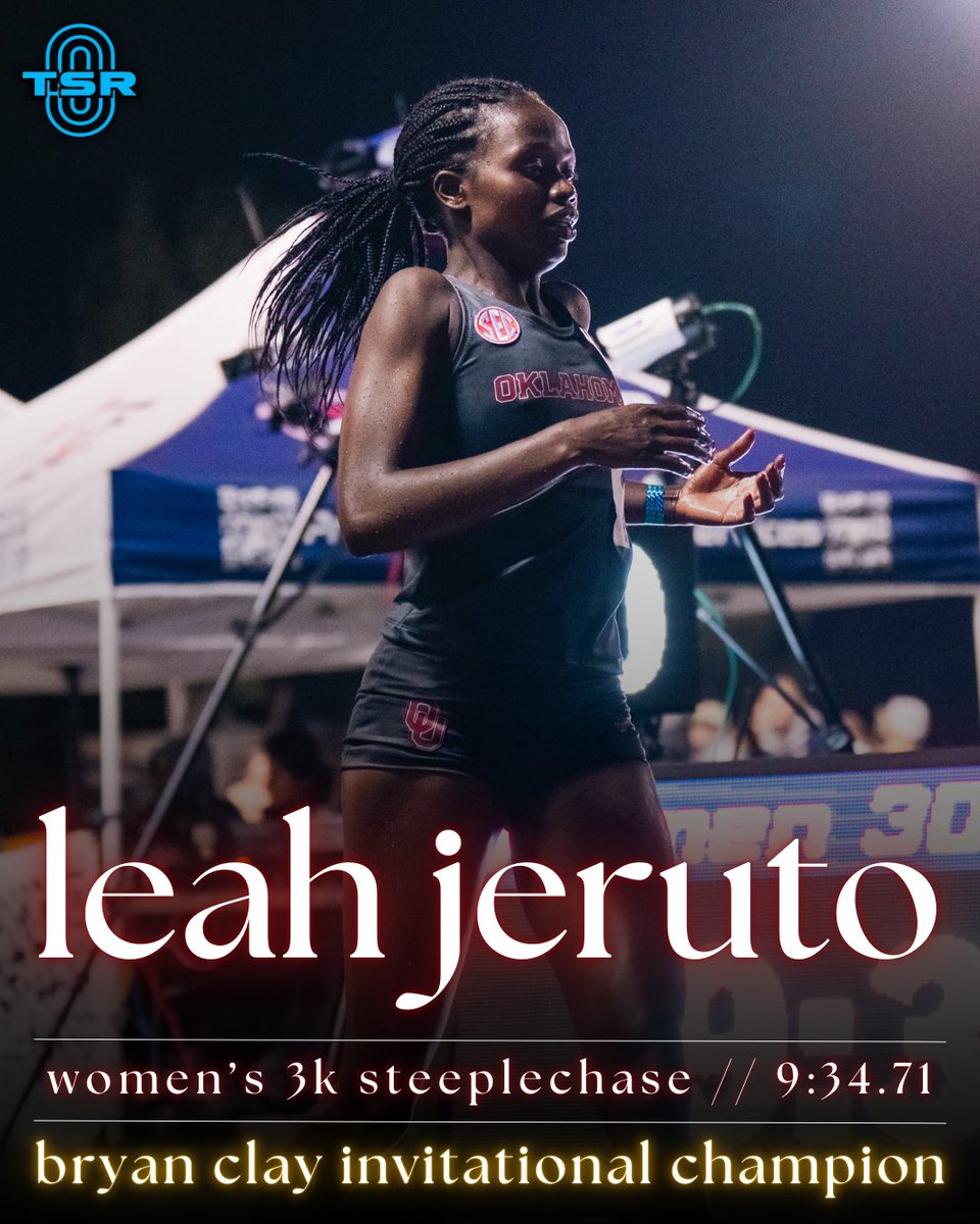 TheStrideReport's tweet photo. Leah Jeruto posts a huge PR at the Bryan Clay Invitational‼️😳

The @OU_Track standout dominated the 3k steeplechase invite, finishing in 9:34.71 (NCAA #24 all-time).

Sarah Tait from @WVUXCTF finished runner-up with a time of 9:37.62. https://t.co/OL6rn97LA1