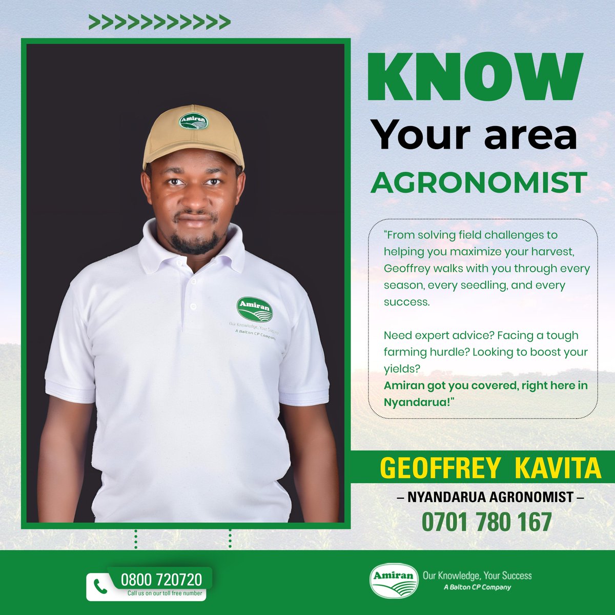 amiran_kenya's tweet photo. Hello Nyandarua!

Meet Geoffrey, your trusted agronomist, dedicated to boosting your farm's productivity with expert advice and sustainable solutions. 

Let's grow together.
#amirankenya #ourknowledgeyoursuccess #nowyouknow https://t.co/l8o0WVUUUc