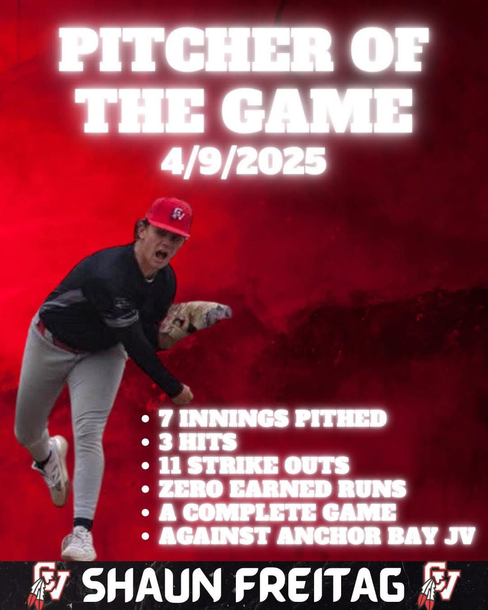 cvhs athletic boosters (@cvhsathboosters) on Twitter photo Congratulations to Sophomore Shaun Freitag on his awesome outing on April 9, 2025 against Anchor Bay Tars where he pitched a complete game of 7 innings allowing 3 hits and pitching 11 strikeouts.  Congrats again Shaun and keep up the great work.
#BigRedFamily
#impactPlayers Congratulations to Sophomore Shaun Freitag on his awesome outing on April 9, 2025 against Anchor Bay Tars where he pitched a complete game of 7 innings allowing 3 hits and pitching 11 strikeouts.  Congrats again Shaun and keep up the great work.
#BigRedFamily
#impactPlayers