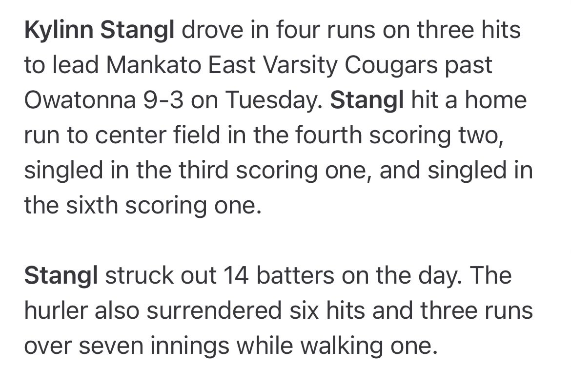 Official Cougar Softball (@mehssoftball) on Twitter photo Great W yesterday 9-3 over Owatonna‼️ Big day for <a href="/kylinn_stangl/">Kylinn Stangl</a> for passing 500ks going 3-3 with a hr and getting 14ks‼️S/O <a href="/EllaFugazzi/">Ella Fugazzi</a> for having a major hot bat🙌Great game from the whole lineup once again🤙 Back at it on Friday at Maple Grove @5 #gatortostater #difm #difty Great W yesterday 9-3 over Owatonna‼️ Big day for <a href="/kylinn_stangl/">Kylinn Stangl</a> for passing 500ks going 3-3 with a hr and getting 14ks‼️S/O <a href="/EllaFugazzi/">Ella Fugazzi</a> for having a major hot bat🙌Great game from the whole lineup once again🤙 Back at it on Friday at Maple Grove @5 #gatortostater #difm #difty
