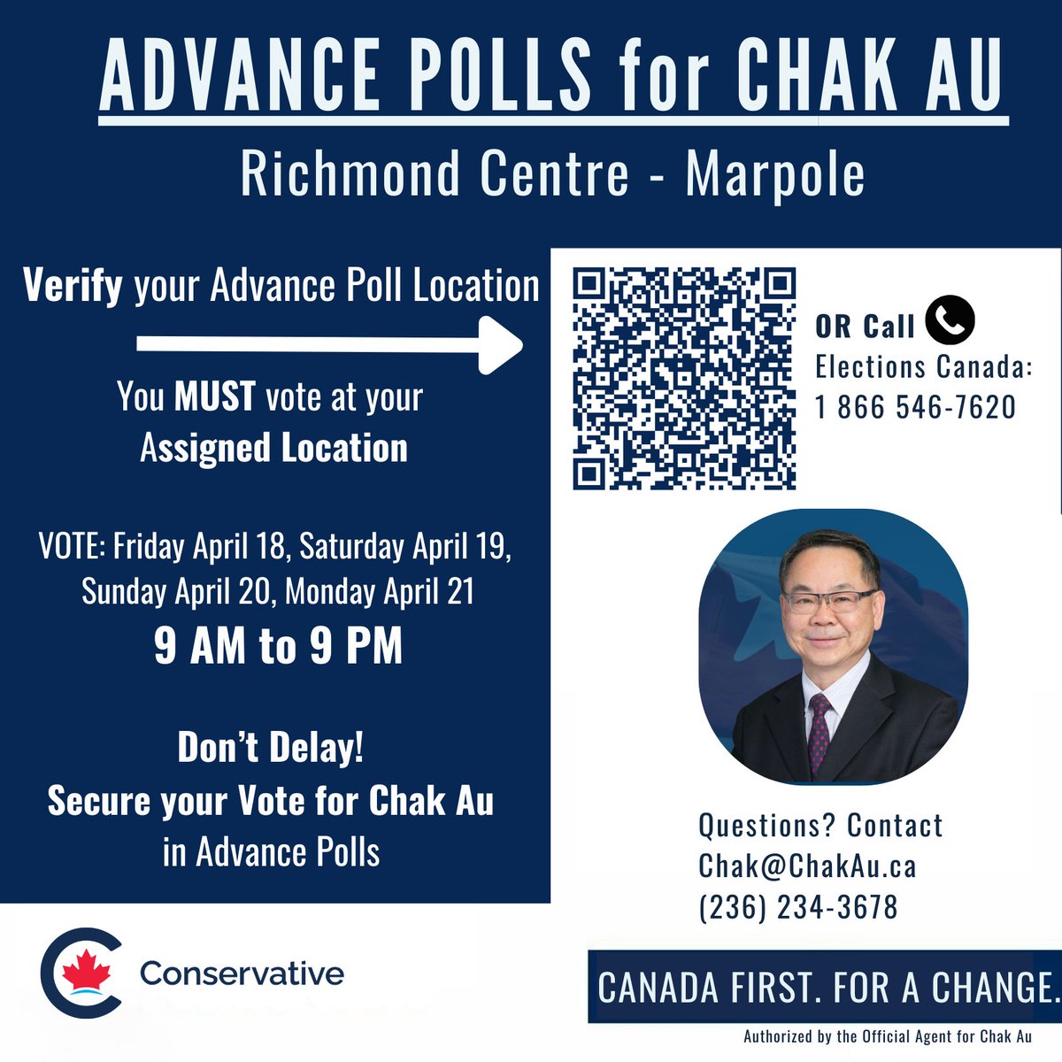 🗳️Advance polls are open from April 18 to 21!
Secure your vote for Chak Au in Richmond Centre - Marpole 🇨🇦🙌
linktr.ee/CHAKAU 👈Find your polling location or get in touch
#ChakAu2025 #RichmondCentreMarpole #AdvancePolls #VoteEarly