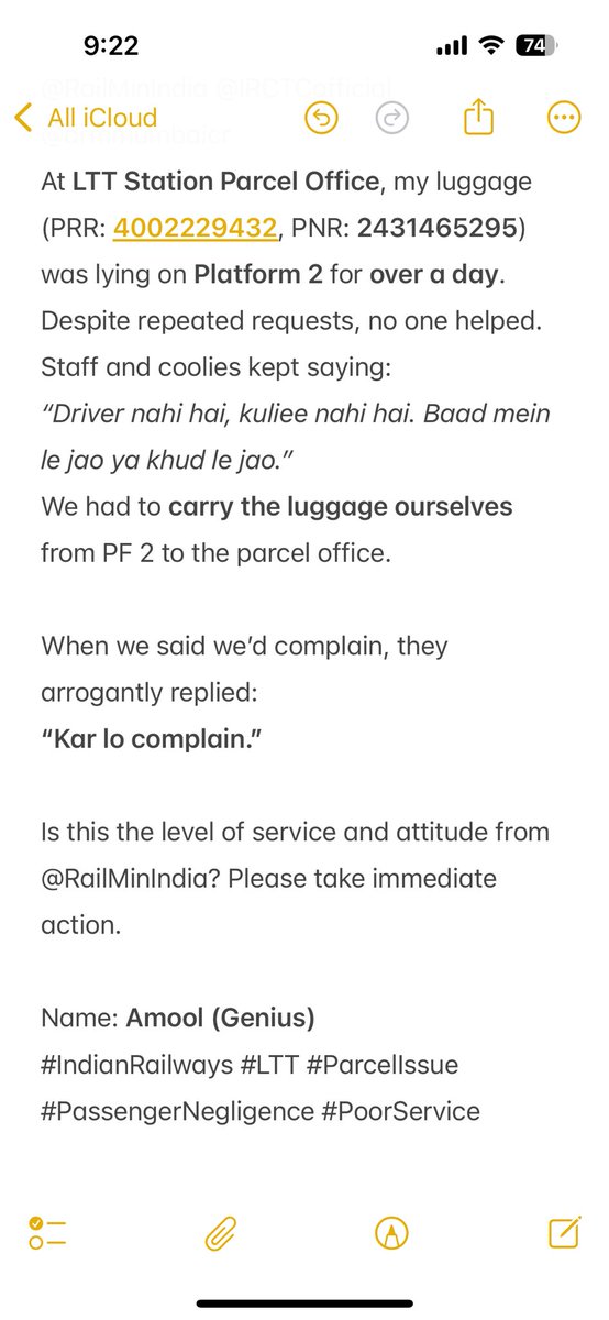 wrldcivic's tweet image. @RailMinIndia @IRCTCofficial @drmmumbaicr 

Is this how passenger luggage is handled? This is complete negligence.

Name: Amool (Genius)
Requesting immediate action.
#IndianRailways #LTT #ParcelIssue #Negligence