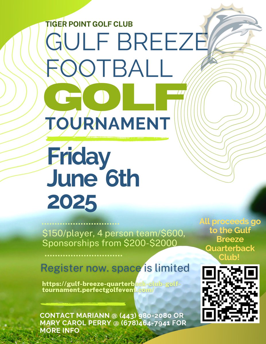 Get ready to tee off for a great cause! Join us for the Gulf Breeze High School Football Fundraising Golf Tournament, an event dedicated to supporting our outstanding football program.

📅 Date: June 6
📍 Location: Tiger Point Golf Course

#SupportTheBreeze | #PhinsUp 📈
