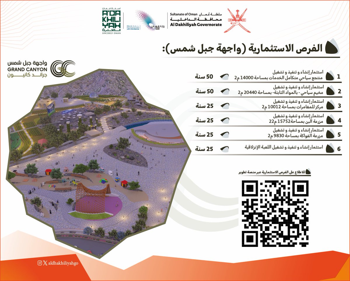 تعلن #محافظة_الداخلية عن طرح عدد من الفرص الاستثمارية لمشروع واجهة جبل شمس (جراند كانيون) في ولاية الحمراء، عبر منصة تطوير.