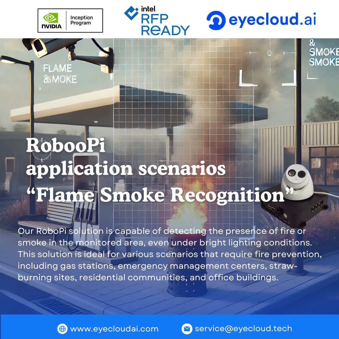 eyecloudai's tweet photo. 🚨 Protect your spaces with RobooPi! 🔥💨

Our AI-powered solution detects fire and smoke, even in bright light conditions, making it perfect for gas stations, emergency centers, and more! Stay ahead of danger with RobooPi. 🛡️🔥

#AI #FireSafety #SmokeDetection #TechForGood https://t.co/XX4oqianmG