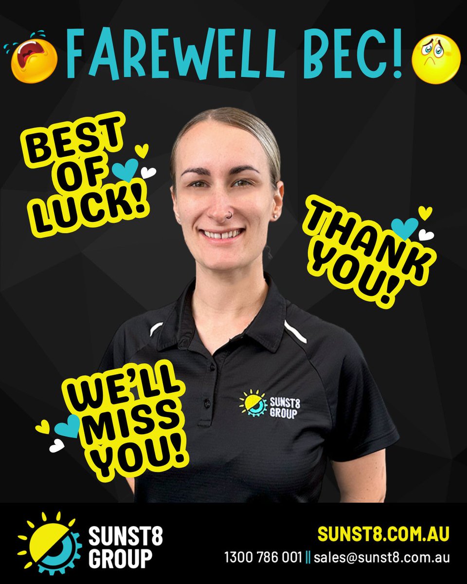 Sunst8Group's tweet photo. After a year of hard work, positivity, and dedication, Bec is heading off to pursue exciting new career opportunities outside of #Sunst8Group. We wish her nothing but success and happiness. Bec, don’t be a stranger - come back and visit anytime. You will be truly missed 💛 https://t.co/sLTzS38dOo
