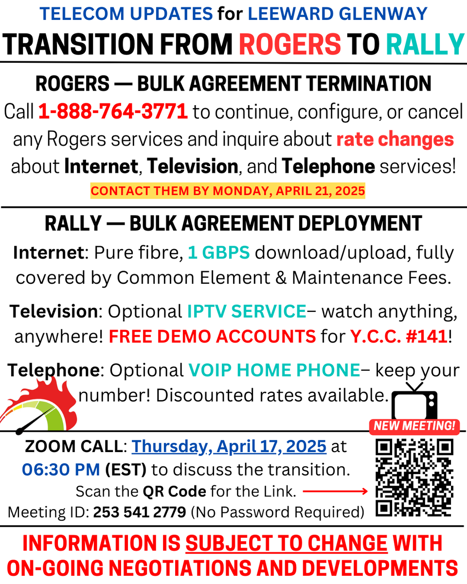 LeewardGlenway's tweet photo. 📢 Leeward Glenway Residents!

Join our Virtual Townhall to discuss upcoming telecom upgrades in your area. #Flemo

🗓 Thursday, April 17, 2025
🕡 6:30 PM EST
📍 Zoom Call
🔗 Scan the QR code for access!
📞 Meeting ID: 253 541 2779

Representatives from @rally_ca will be present! https://t.co/rUnQKq1FG4