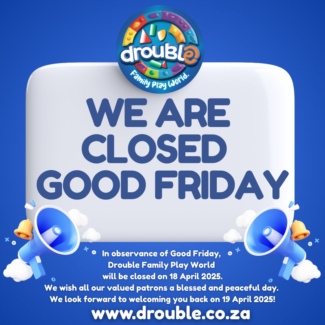 DroublePTA's tweet photo. In observance of Good Friday, Drouble Family Play World will be closed tomorrow 18 April 2025.
We wish all our valued patrons a blessed and peaceful day. We look forward to welcoming you back on 19 April 2025! https://t.co/K59f7zSbE1