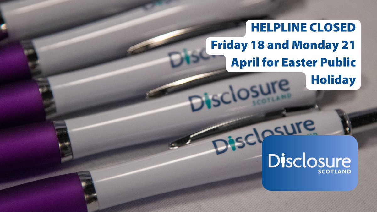 Disclosure Scotland (@disclosurescot) on Twitter photo 📞 Helpline closed Friday 18 and Monday 21 April for Easter Public Holiday.
Our helpline will reopen at 9am on Tuesday 22 April.
✉️ You can still email us at response@disclosurescotland.gov.scot
#DisclosureScotland #HelplineUpdate #Scotland 📞 Helpline closed Friday 18 and Monday 21 April for Easter Public Holiday.
Our helpline will reopen at 9am on Tuesday 22 April.
✉️ You can still email us at response@disclosurescotland.gov.scot
#DisclosureScotland #HelplineUpdate #Scotland