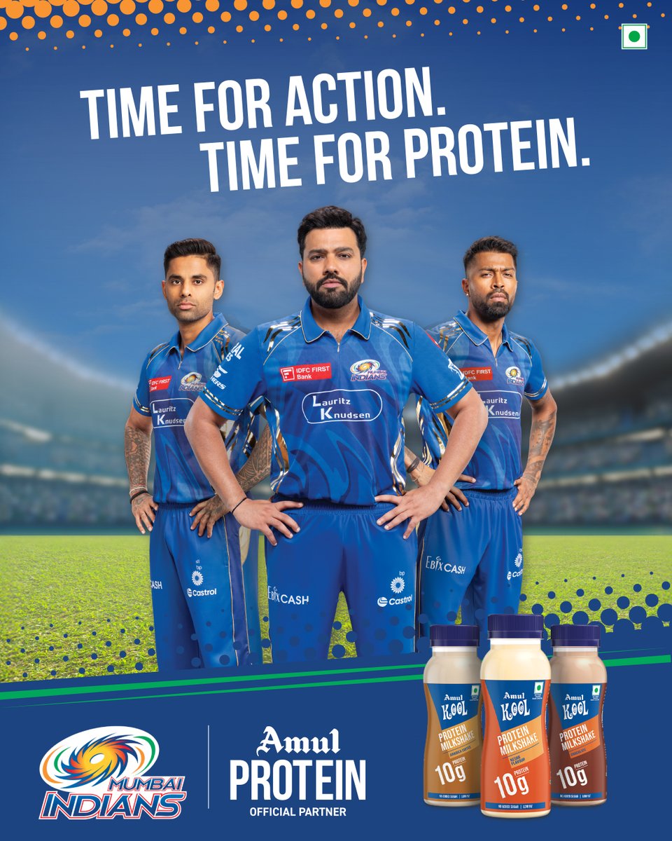Amul_Coop's tweet photo. The game is going to be filled with energy! Sort your protein intake with Amul Protein Milkshake.

#AmulKool #AmulProtein #Amul #MumbaiIndians #ProteinPartner #Cricket https://t.co/HTR5nysrgs