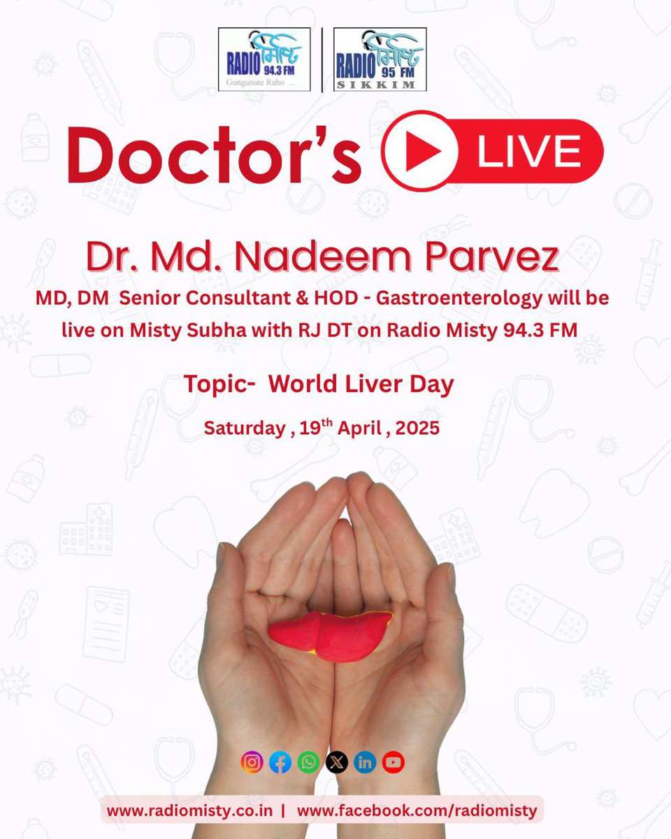 radiomisty943's tweet image. Dr. Md. Nadeem Parvez
MD, DM 
Senior Consultant &amp;amp; HOD - Gastroenterology will  be live on Misty Subha with RJ DT on Radio Misty 94.3 FM this Saturday , 8 am onwards.

#doctorslive #doctorsession #mistysubah #radiomisty