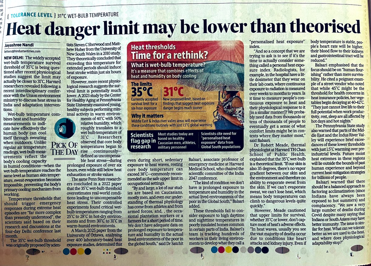 Nidhi Jamwal (@jamwalnidhi) on Twitter photo As new research emerges, scientists warn that the heat danger limit (wet bulb temperature that combines heat and humidity) is lower (31 °C) than what has been believed so far (35°C). Need lot more data from Global South population. Imp story by <a href="/jayashreenandi/">Jayashree Nandi</a> As new research emerges, scientists warn that the heat danger limit (wet bulb temperature that combines heat and humidity) is lower (31 °C) than what has been believed so far (35°C). Need lot more data from Global South population. Imp story by <a href="/jayashreenandi/">Jayashree Nandi</a>