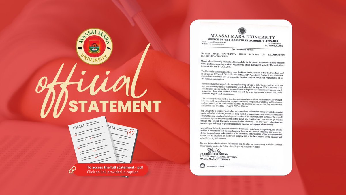 📢 OFFICIAL: Maasai Mara University Management has issued a statement addressing students’ concerns on exams &amp; welfare. 

Read the full statement: drive.google.com/file/d/1FLkHZ8…

#MMARAU #StudentWelfare